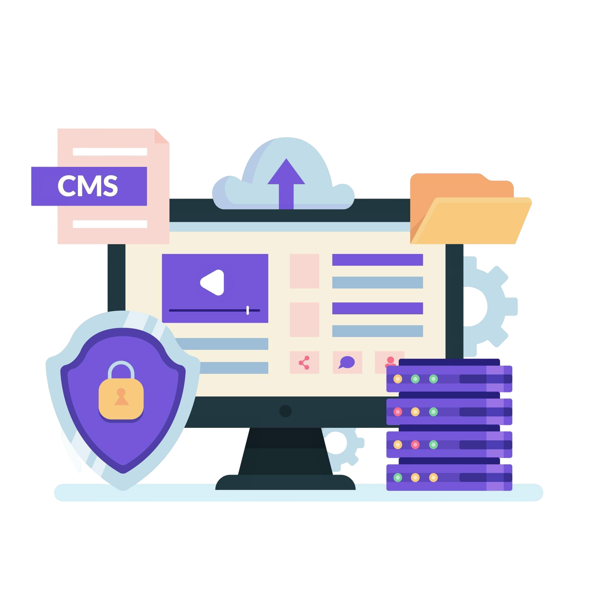 Illustration von Webhosting mit Servern, Cloud-Upload, Monitor und Sicherheitsschild